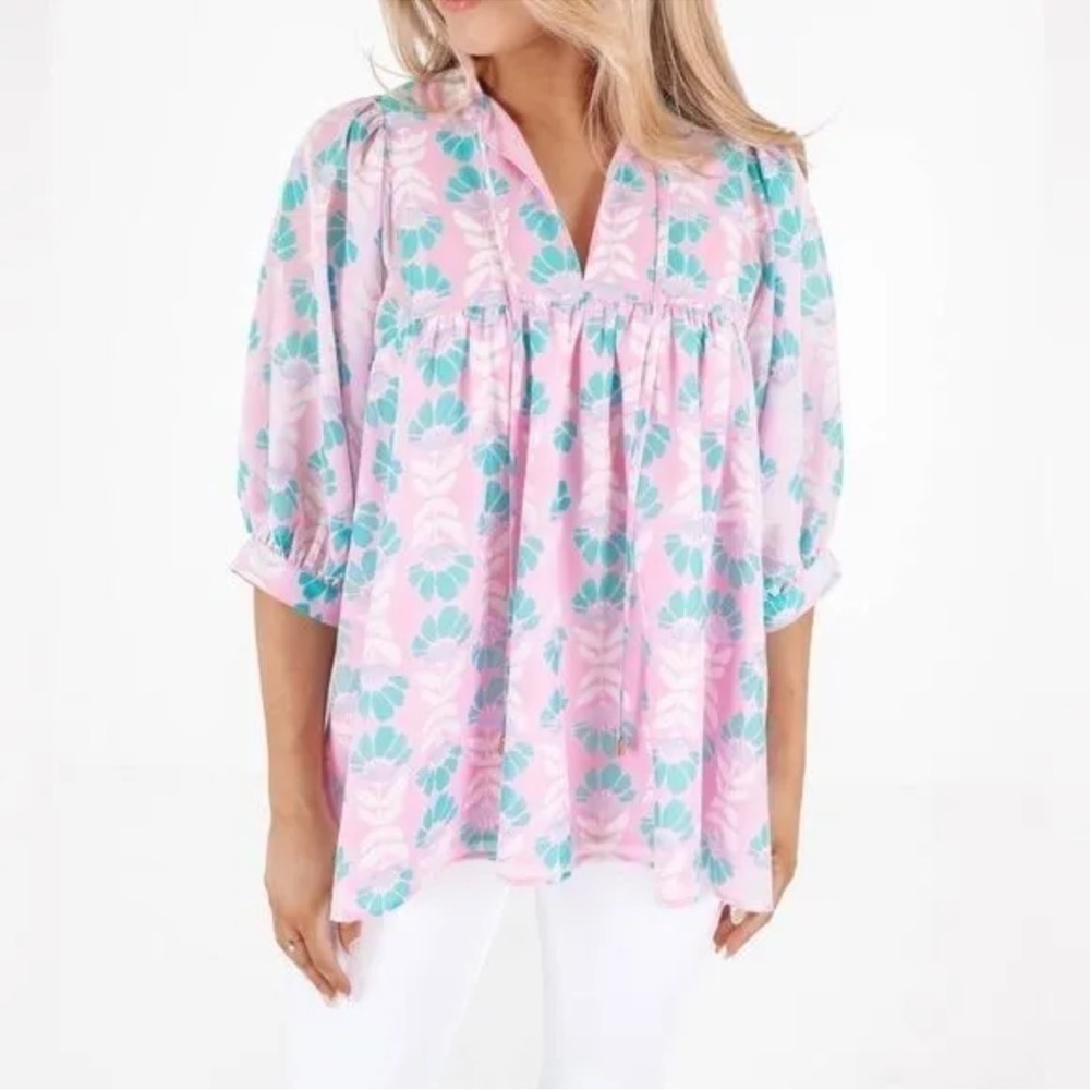 NEW J Marie Retro Puff Sleeve Tunic Blouse Loose Flowy Floral Pink Sz Md